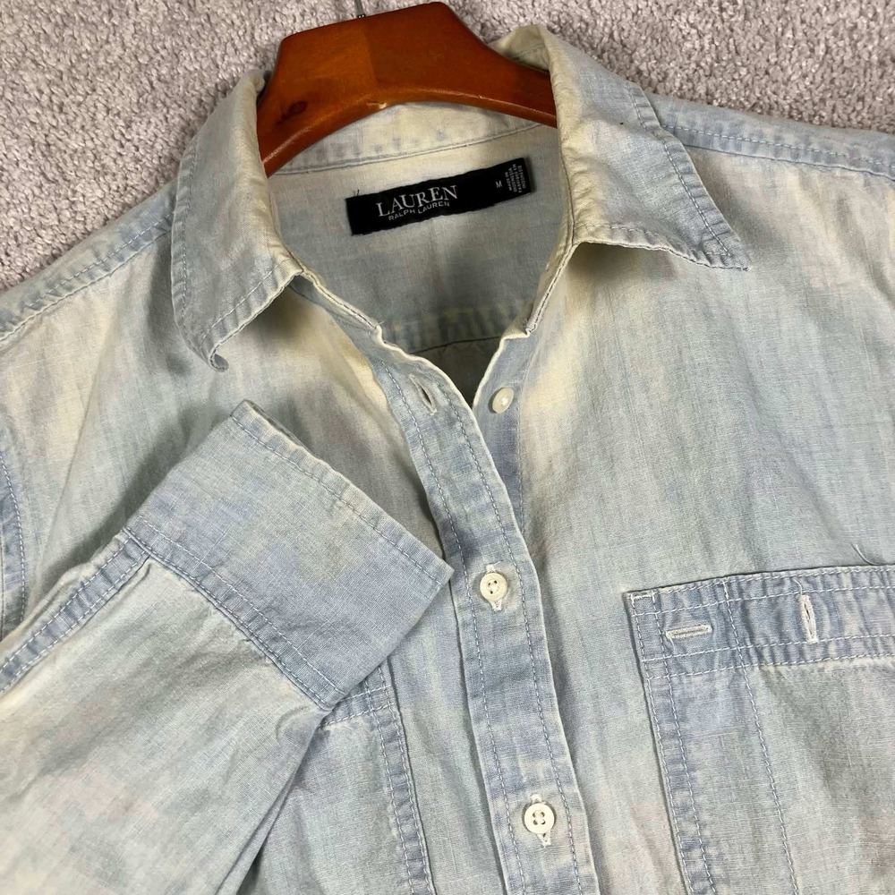 Ralph Lauren Chambray Shirt Men Size M Blue Bleach Wash Distressed Workwear